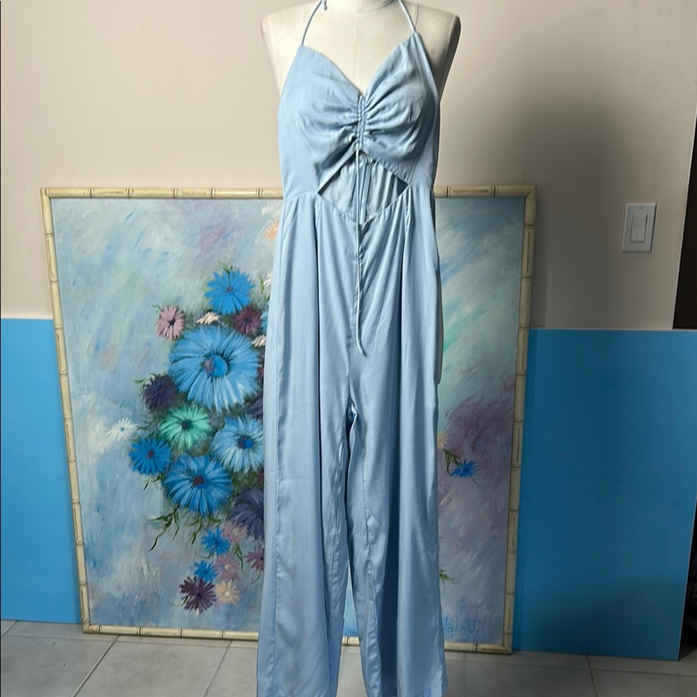 Princess Polly Sky Blue Halter Jumpsuit cut out front wide leg size 2